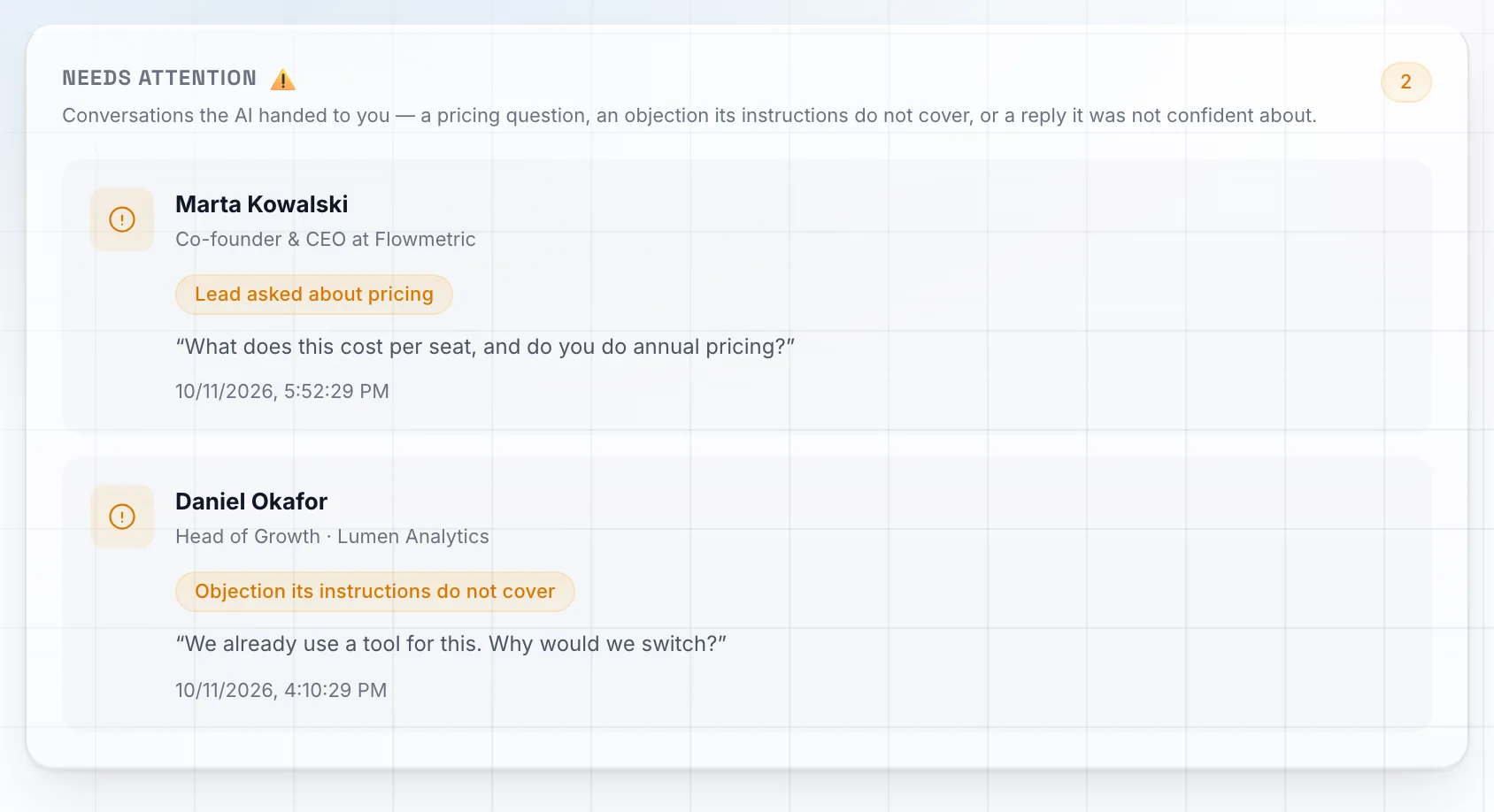 The Needs attention panel in SDR Pilot: two conversations the AI handed over, one about pricing and one objection