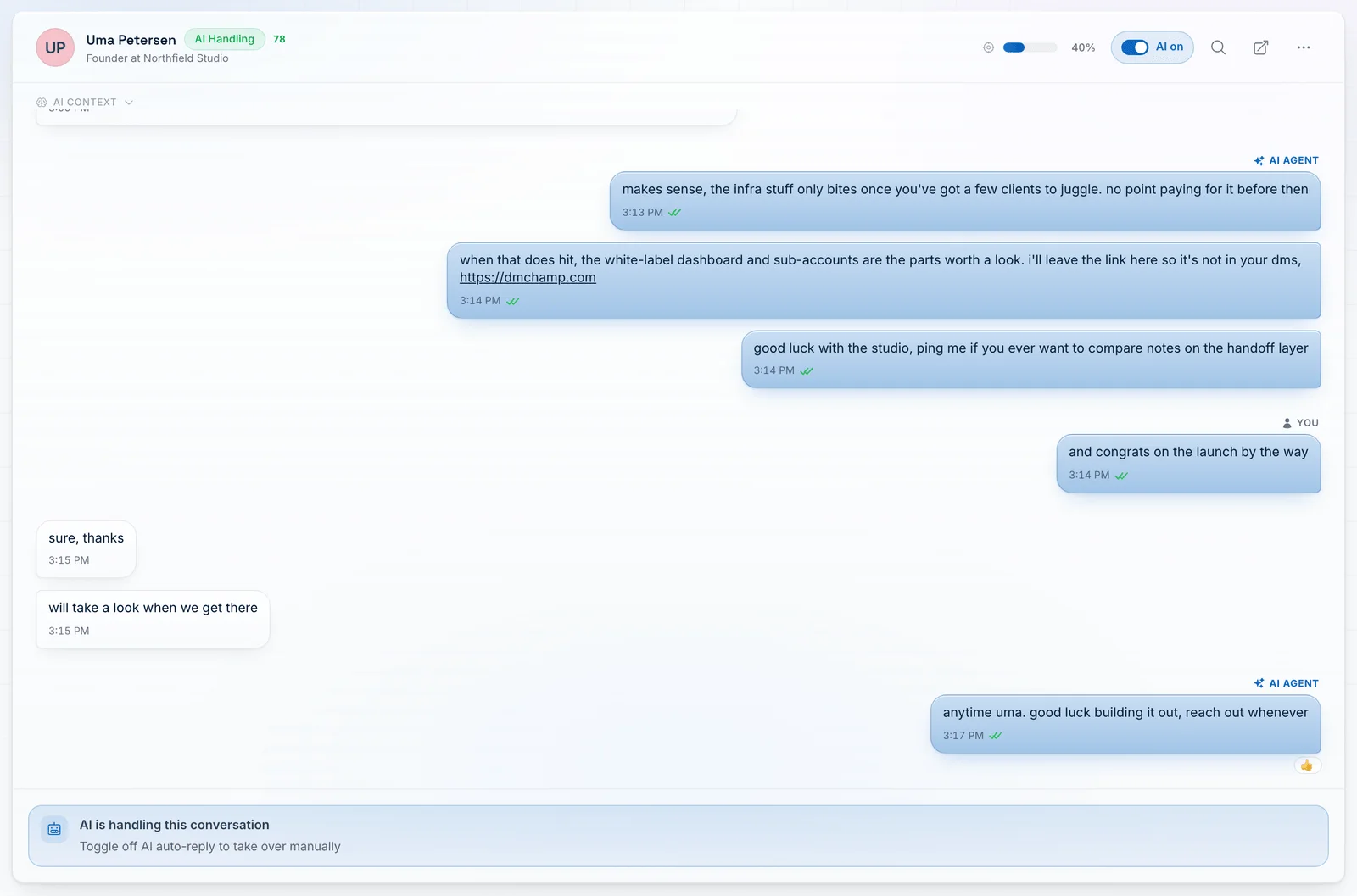 A conversation in the SDR Pilot inbox with the AI agent's messages marked, and a switch to take over