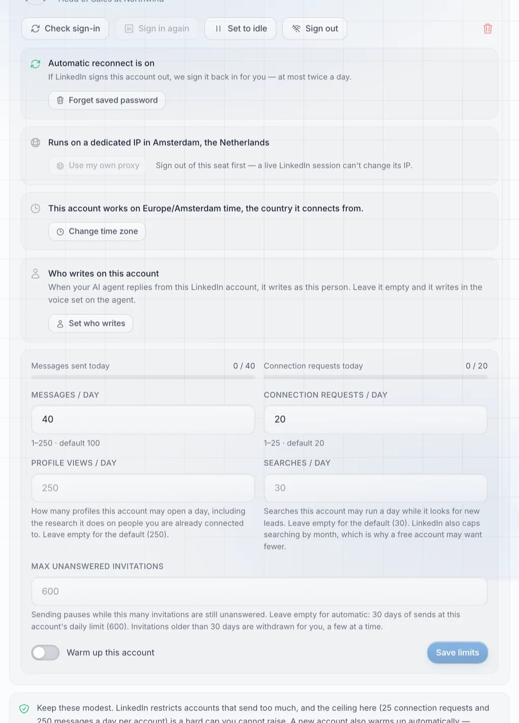 A connected LinkedIn account in SDR Pilot settings: its dedicated IP, time zone, and the daily limits for messages, connection requests, profile views and searches