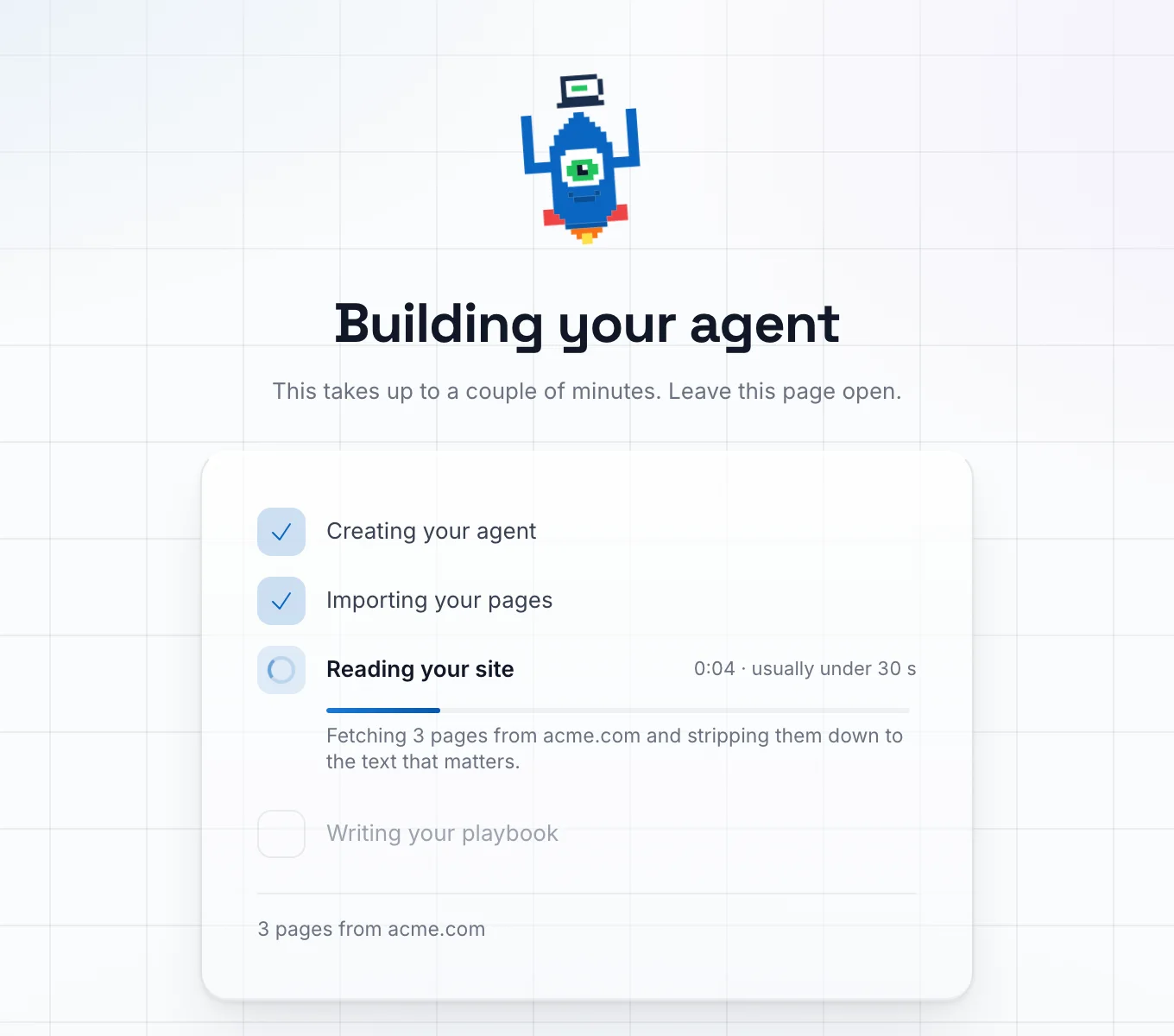 SDR Pilot onboarding, Building your agent: creating the agent, importing pages, reading the site, writing the playbook