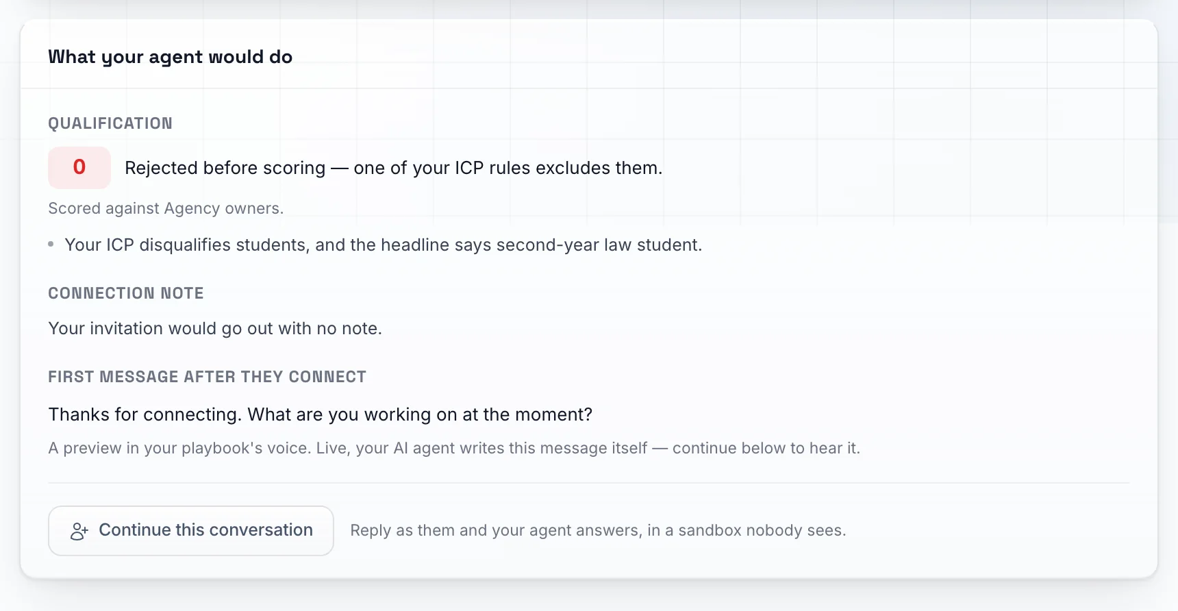 The SDR Pilot try out result for a student: rejected before scoring, with the ICP rule that excluded them
