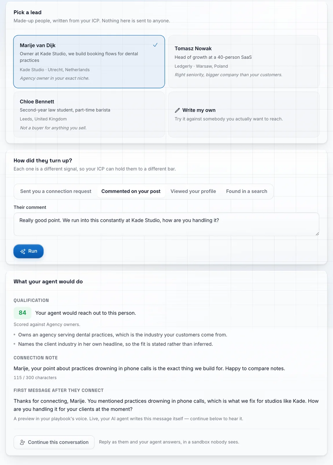 The SDR Pilot try out screen: a sample lead, how they turned up, a score of 84 with the reasons, and the first message